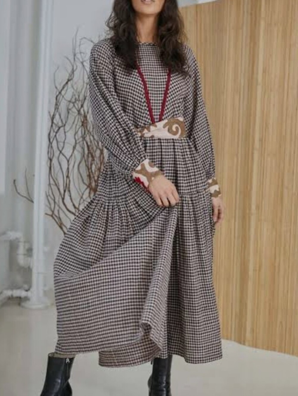 Anthropology Rujuta Sheth Libby Dress Gingham Boho Statement Belt Long Sleeve